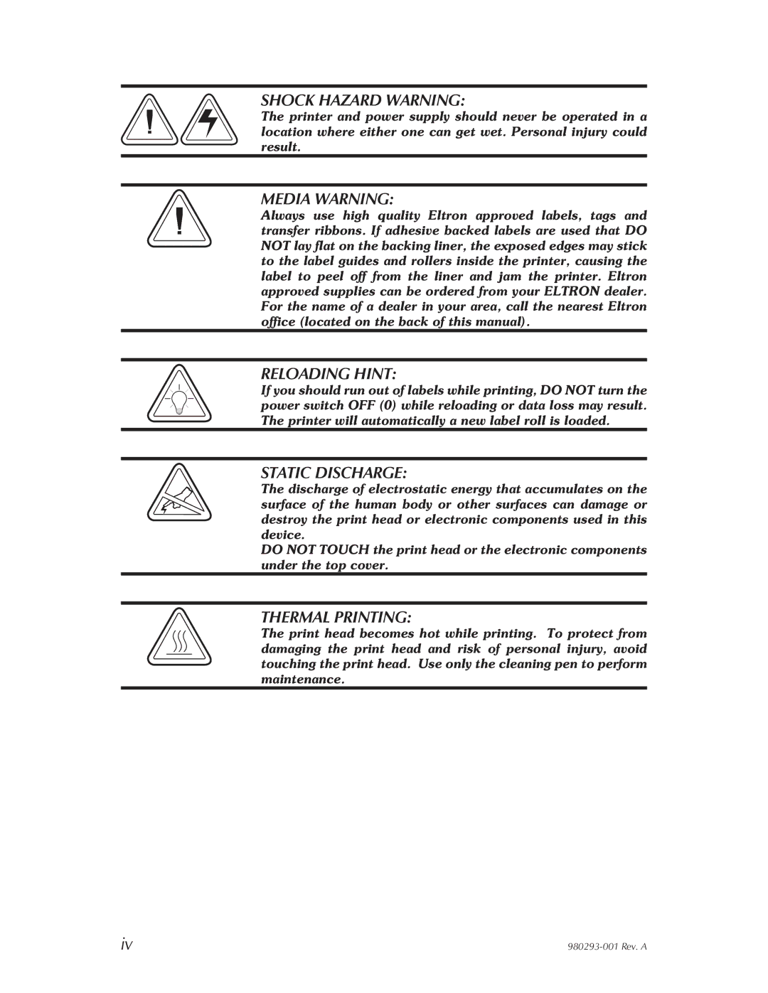 Zebra Technologies 980293-001 user manual Shock Hazard Warning 