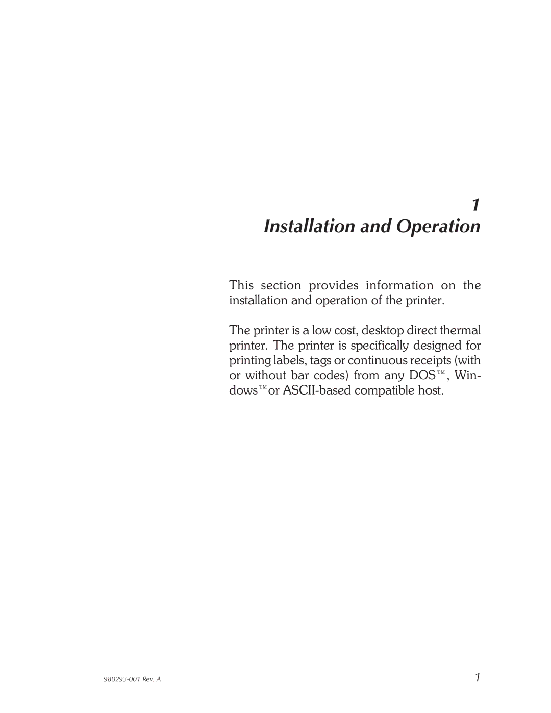 Zebra Technologies 980293-001 user manual Installation and Operation 