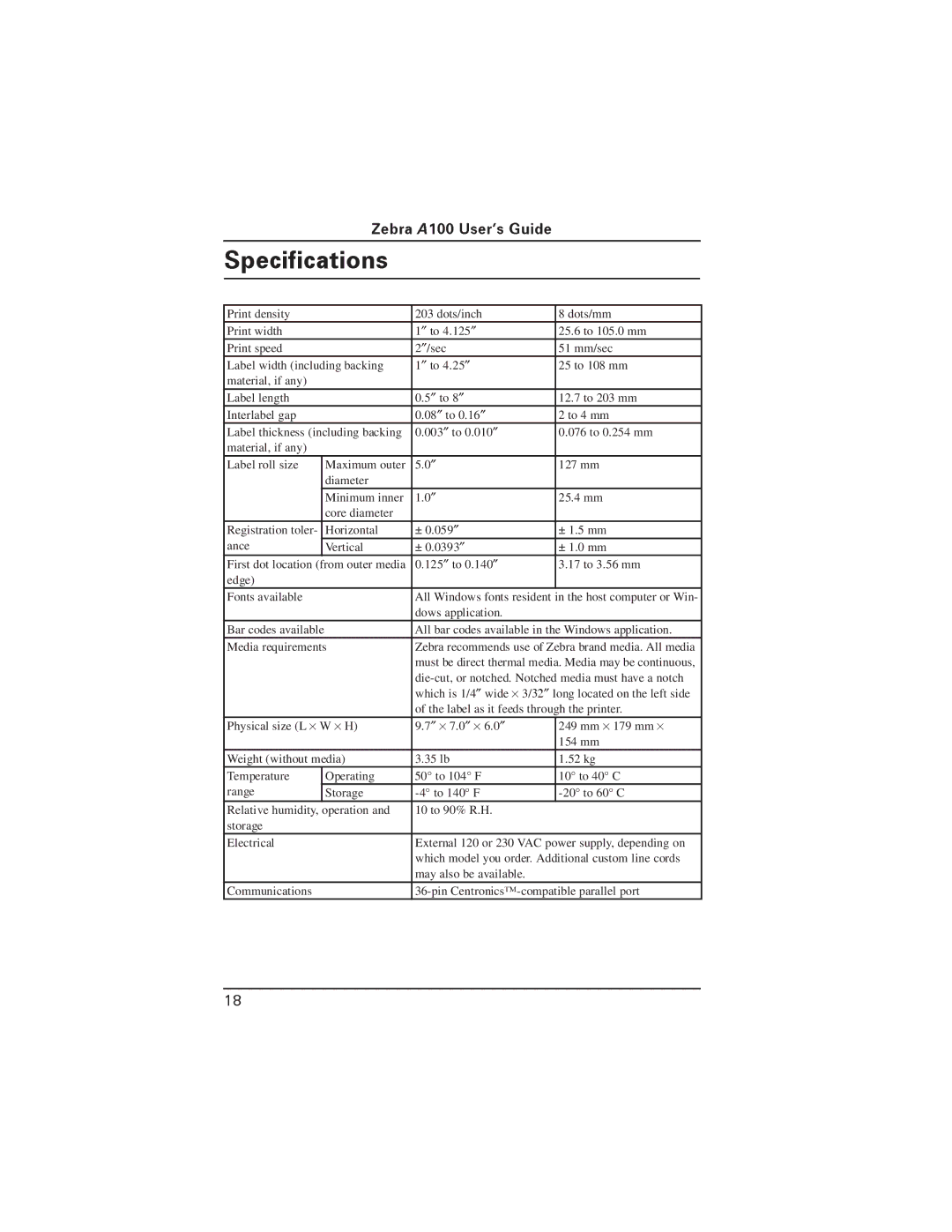 Zebra Technologies A100 manual Horizontal ± 1.5 mm Ance Vertical ± 1.0 mm 