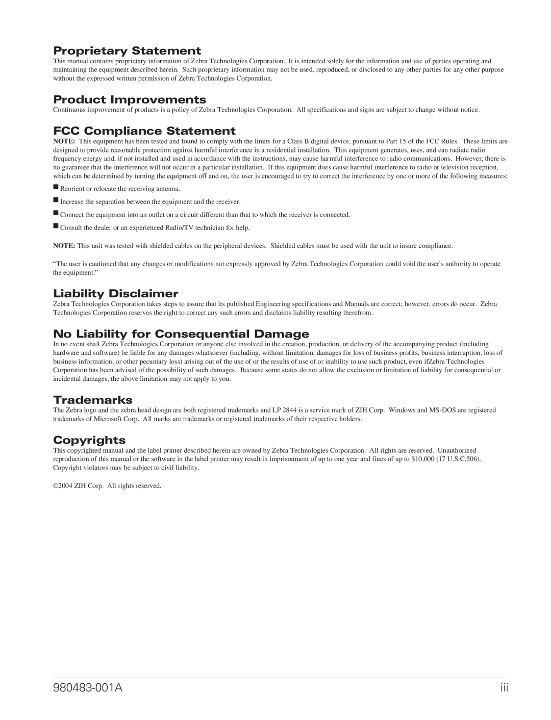 Zebra Technologies Desktop Printer manual Proprietary Statement 