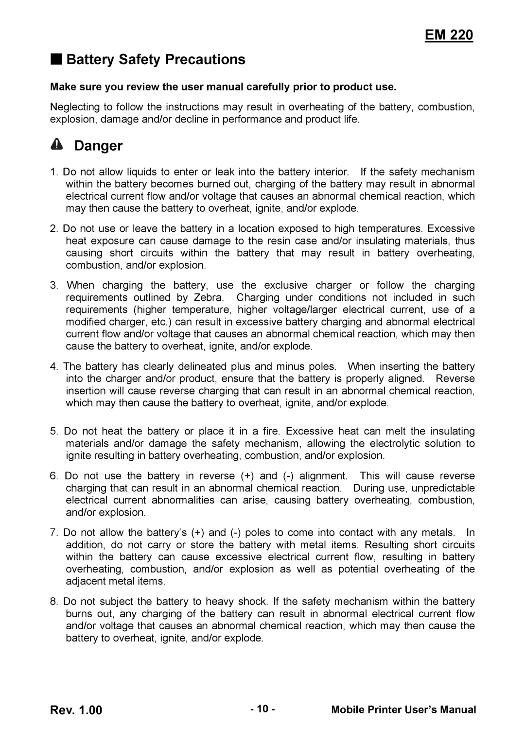 Zebra Technologies EM 220 user manual Battery Safety Precautions 