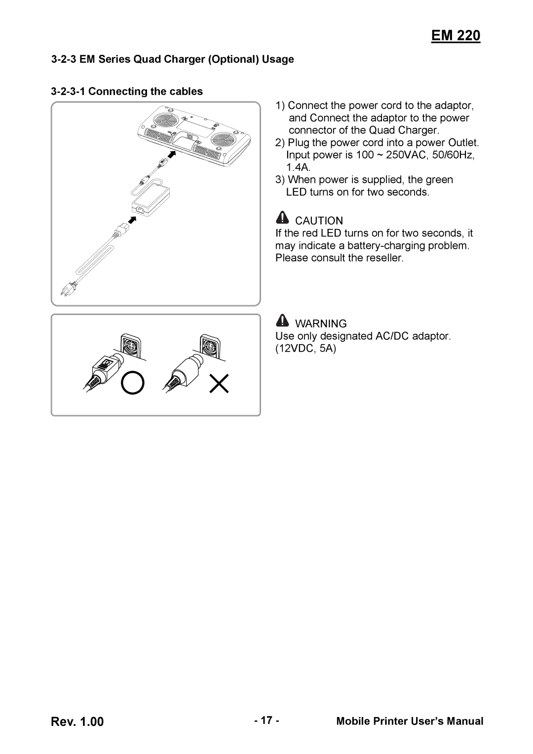 Zebra Technologies EM 220 user manual EM Series Quad Charger Optional Usage Connecting the cables 