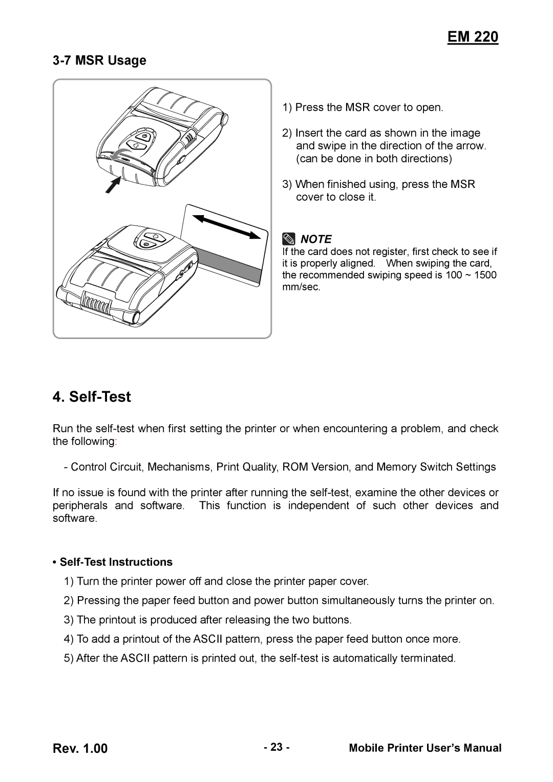 Zebra Technologies EM 220 user manual MSR Usage, Self-Test Instructions 