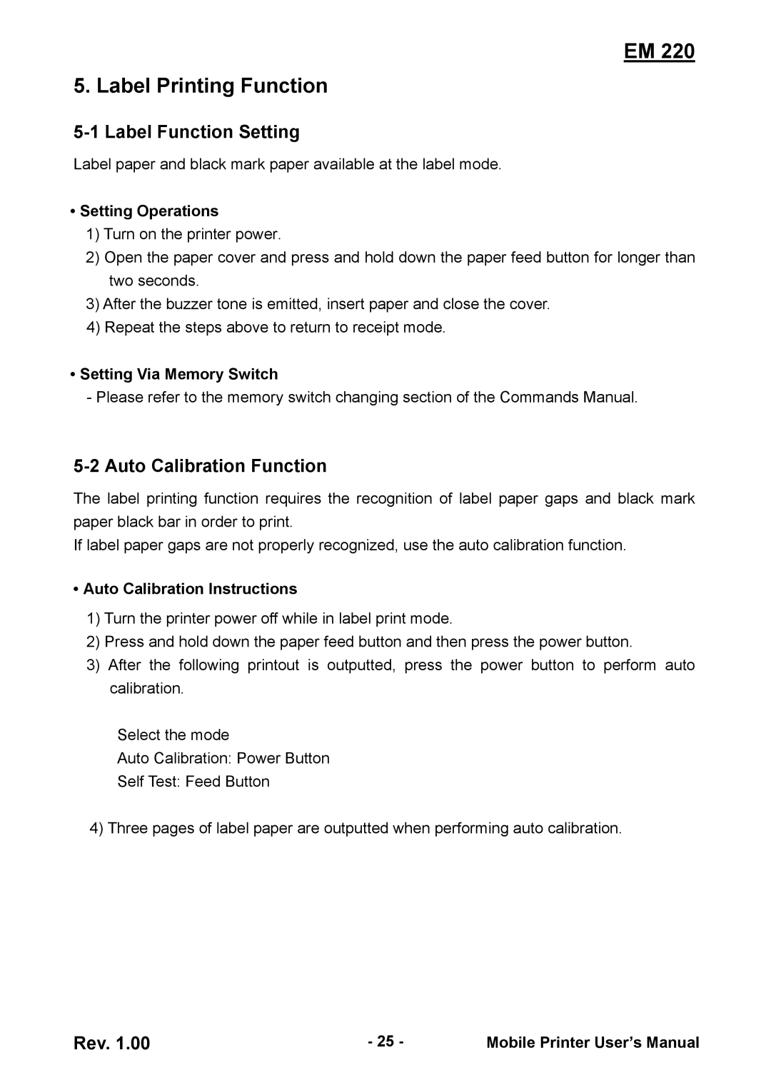 Zebra Technologies EM 220 user manual Label Printing Function, Label Function Setting, Auto Calibration Function 