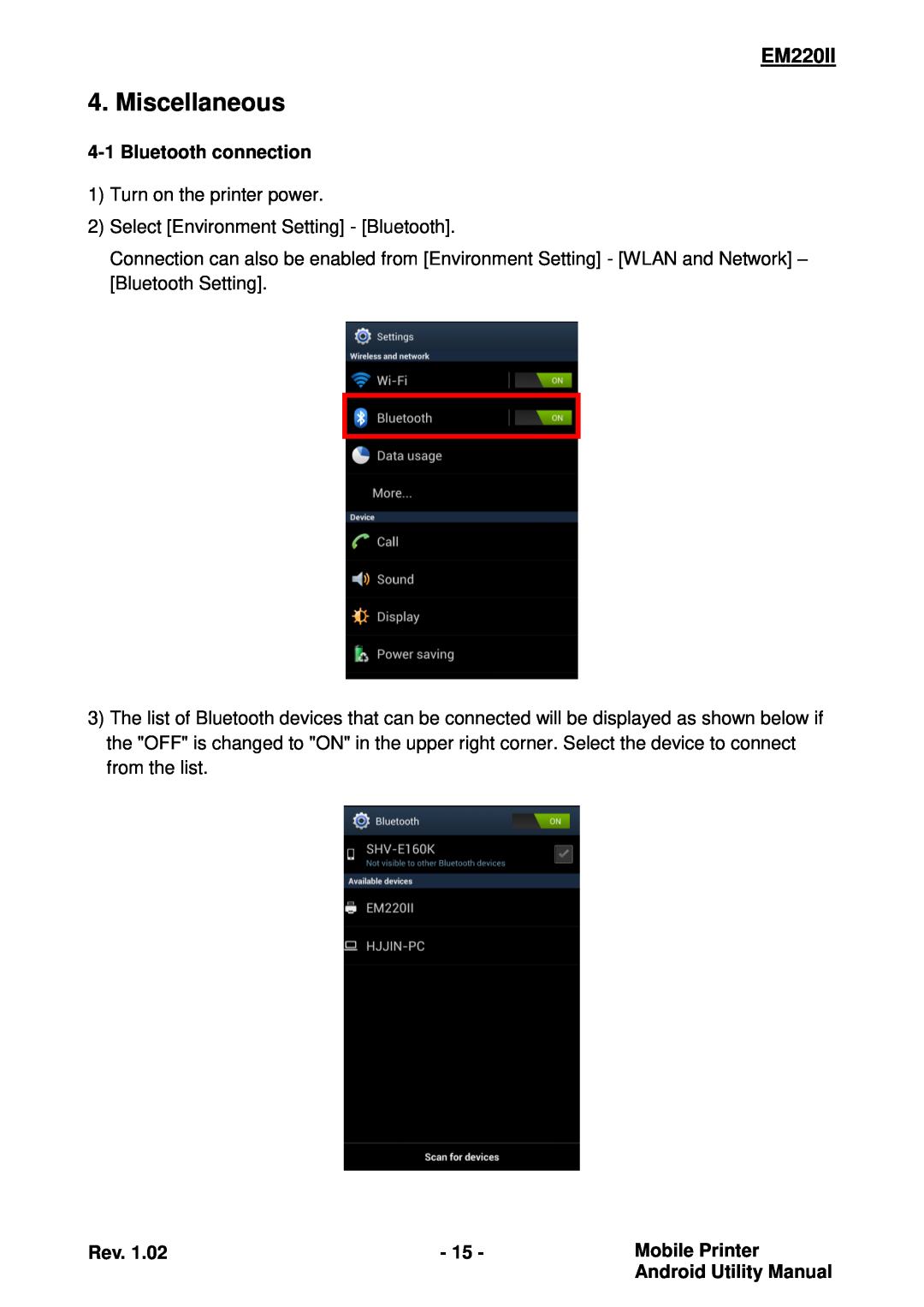 Zebra Technologies EM220II manual Miscellaneous, Bluetooth connection, Mobile Printer, Android Utility Manual 