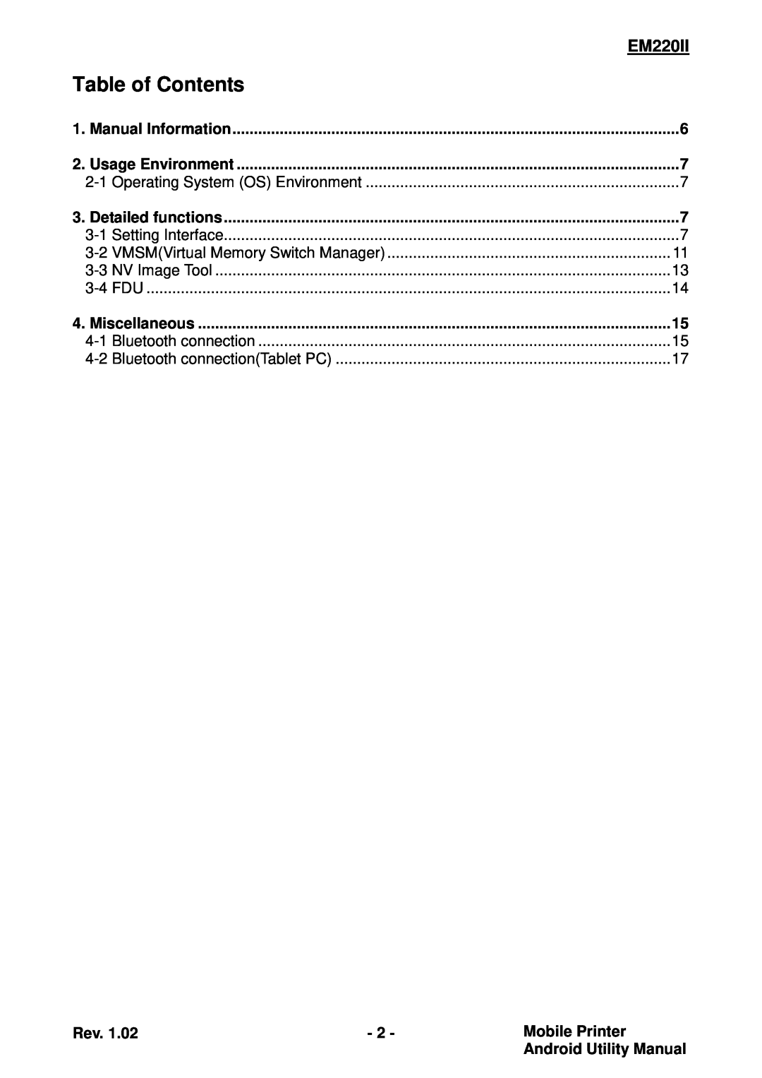 Zebra Technologies EM220II Table of Contents, Miscellaneous, Mobile Printer, Android Utility Manual, Manual Information 