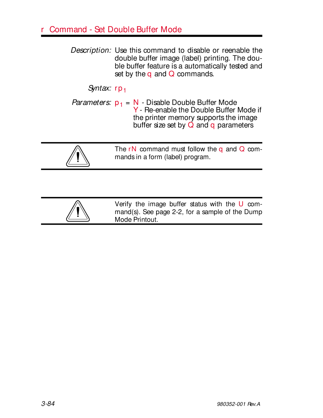 Zebra Technologies EPL2 manual Command Set Double Buffer Mode, Syntax rp1, Parameters p1 = N Disable Double Buffer Mode 