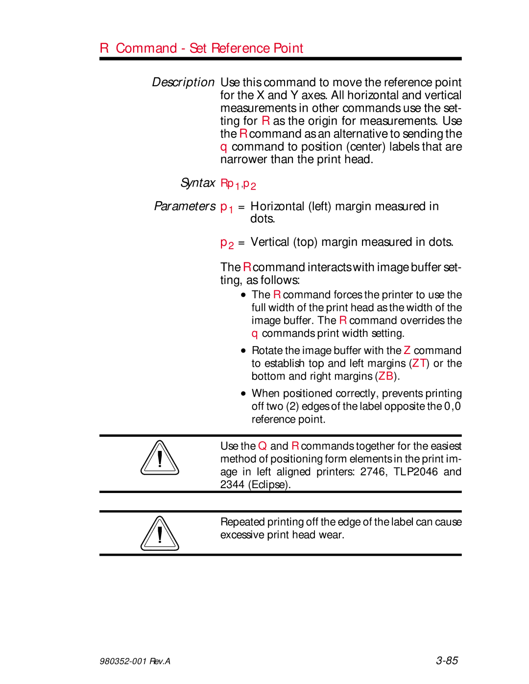 Zebra Technologies EPL2 manual Command Set Reference Point, Syntax Rp1,p2 