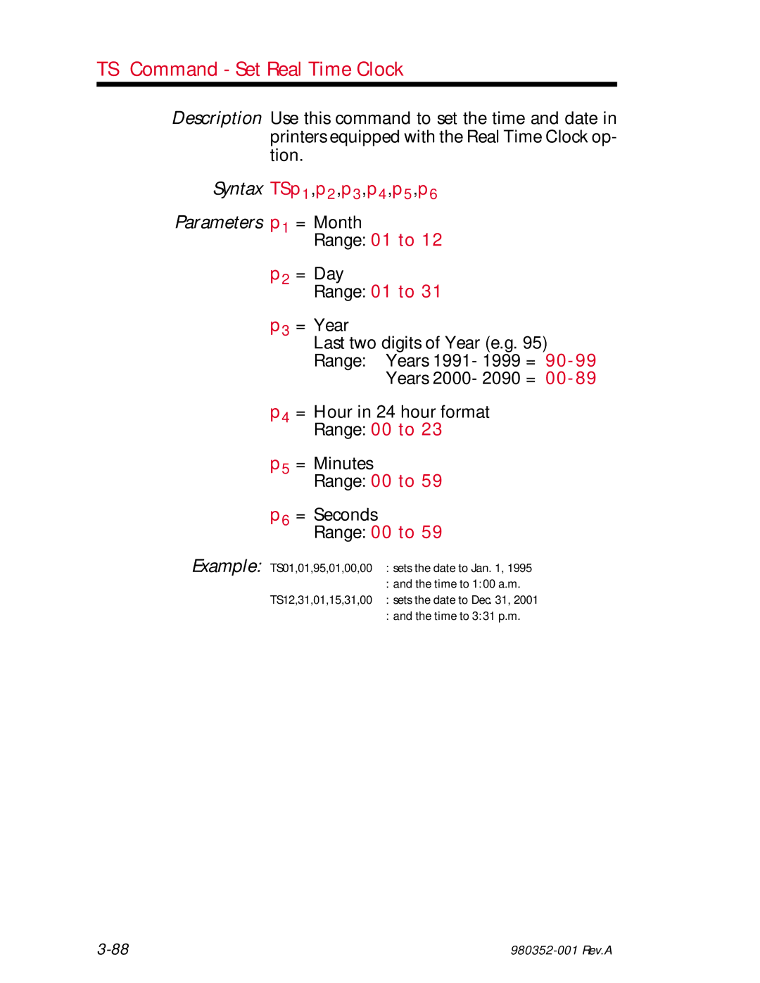 Zebra Technologies EPL2 TS Command Set Real Time Clock, Syntax TSp1,p2,p3,p4,p5,p6, Parameters p1 = Month, Range 01 to 