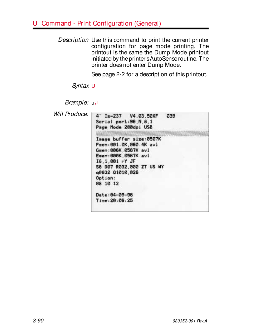 Zebra Technologies EPL2 manual Command Print Configuration General, See page 2-2for a description of this printout 