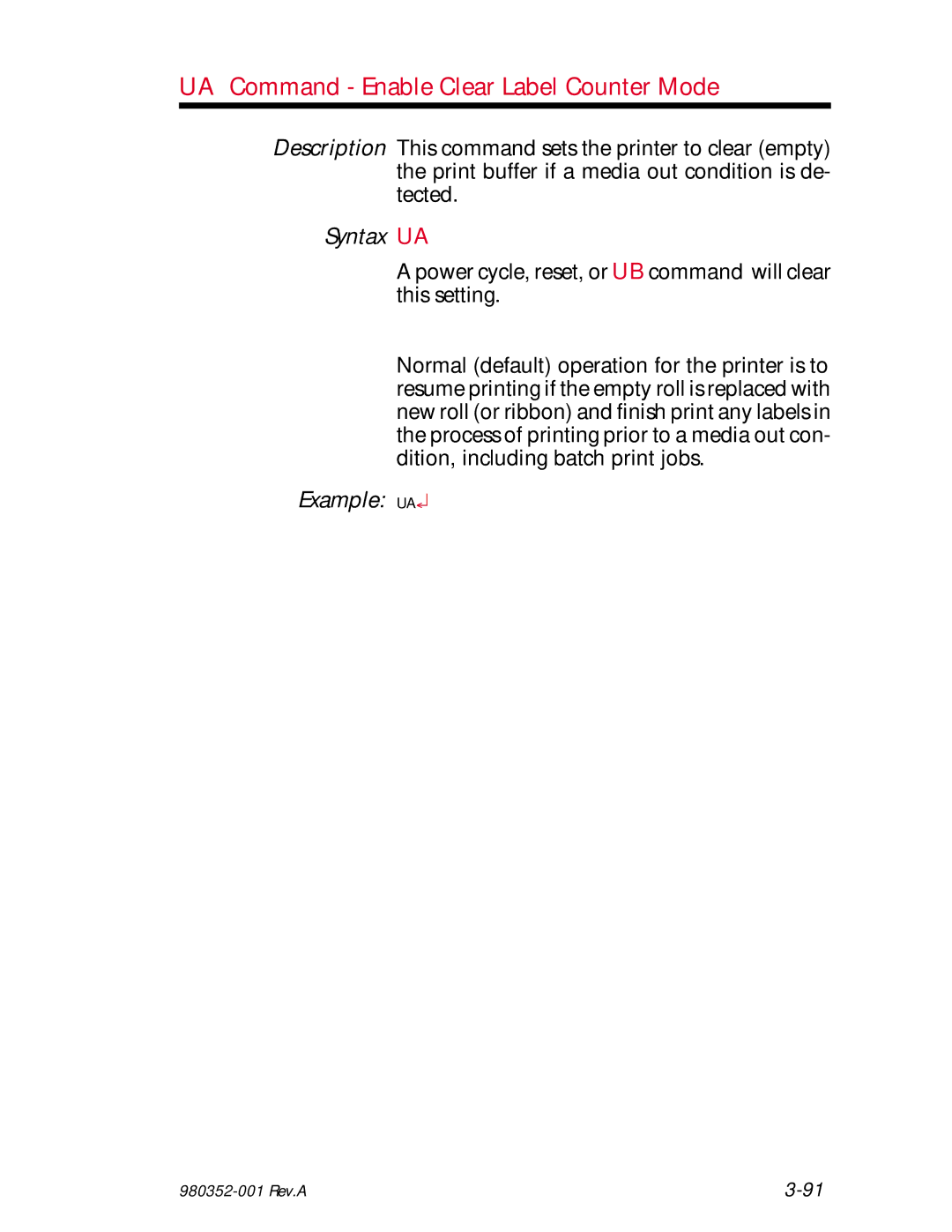 Zebra Technologies EPL2 manual UA Command Enable Clear Label Counter Mode, Syntax UA, Example UA 