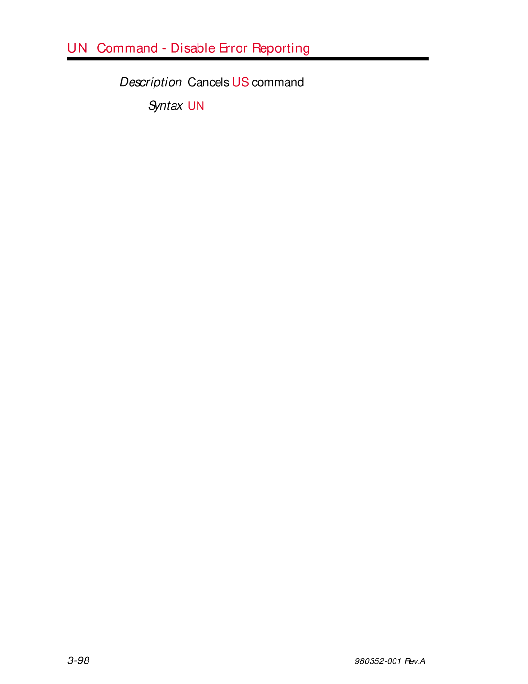 Zebra Technologies EPL2 manual UN Command Disable Error Reporting, Description Cancels US command, Syntax UN 