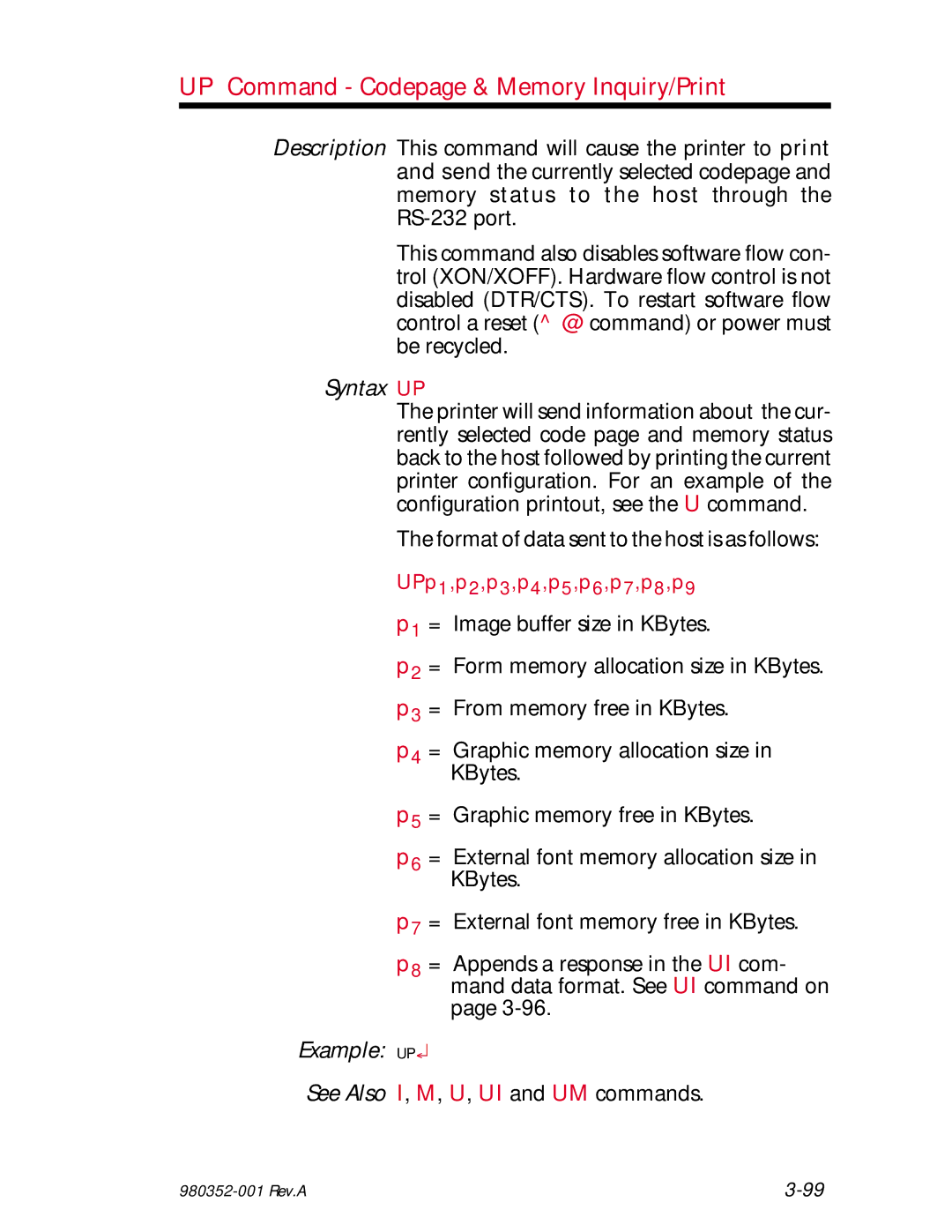 Zebra Technologies EPL2 manual UP Command Codepage & Memory Inquiry/Print, Syntax UP, Example UP 