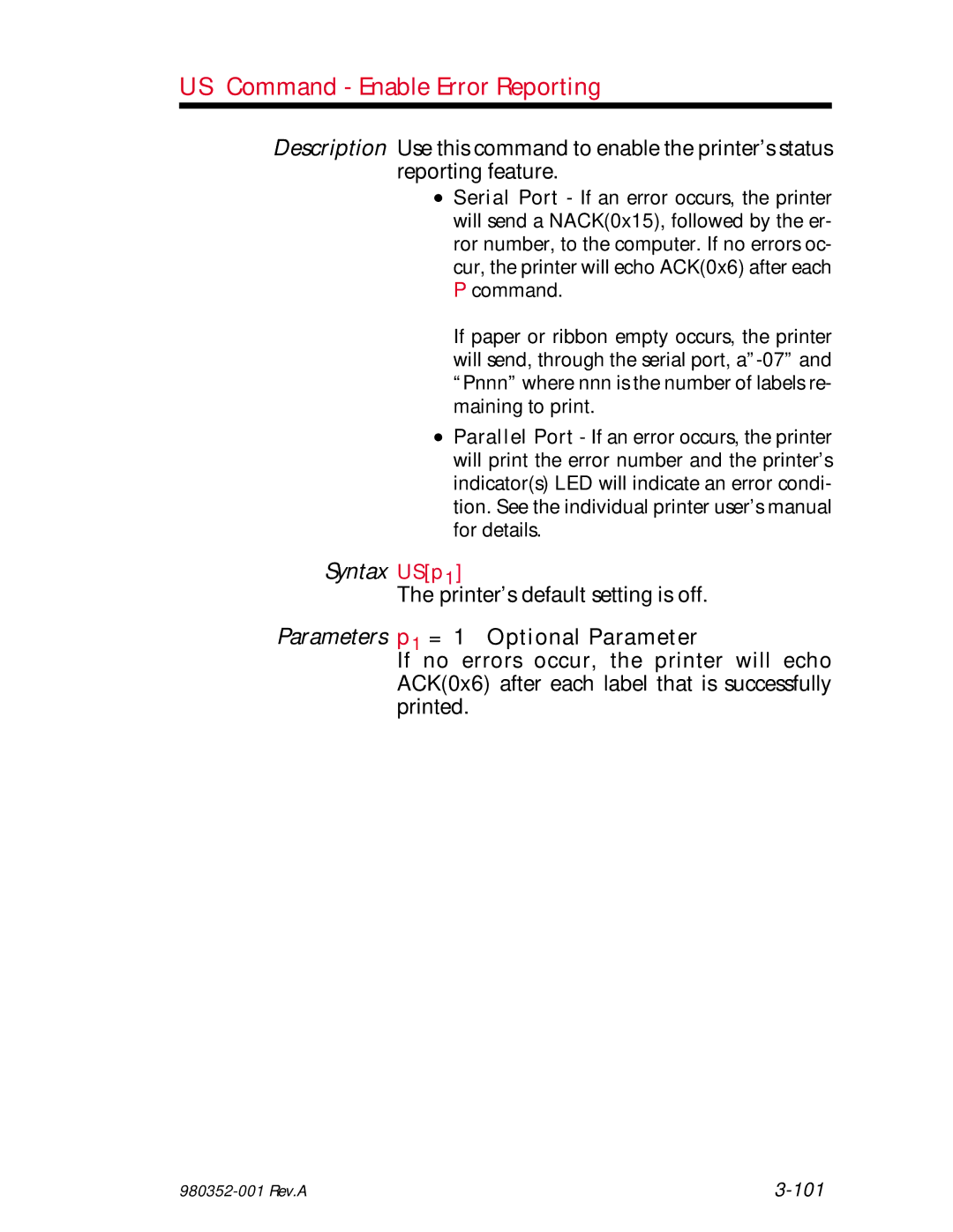 Zebra Technologies EPL2 manual US Command Enable Error Reporting, Syntax USp1, Printer’s default setting is off 