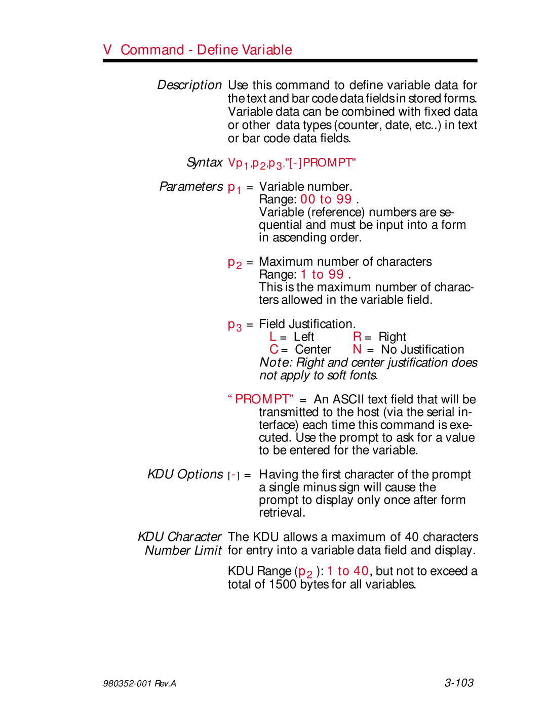 Zebra Technologies EPL2 manual Command Define Variable, Ters allowed in the variable field 