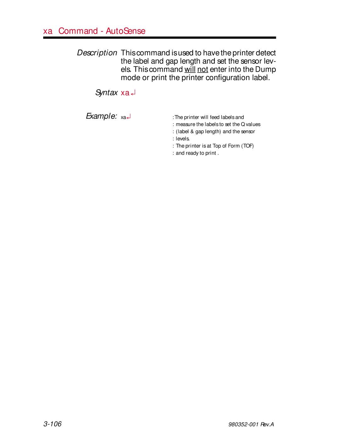 Zebra Technologies EPL2 manual Xa Command AutoSense, Syntax xa Example xa 