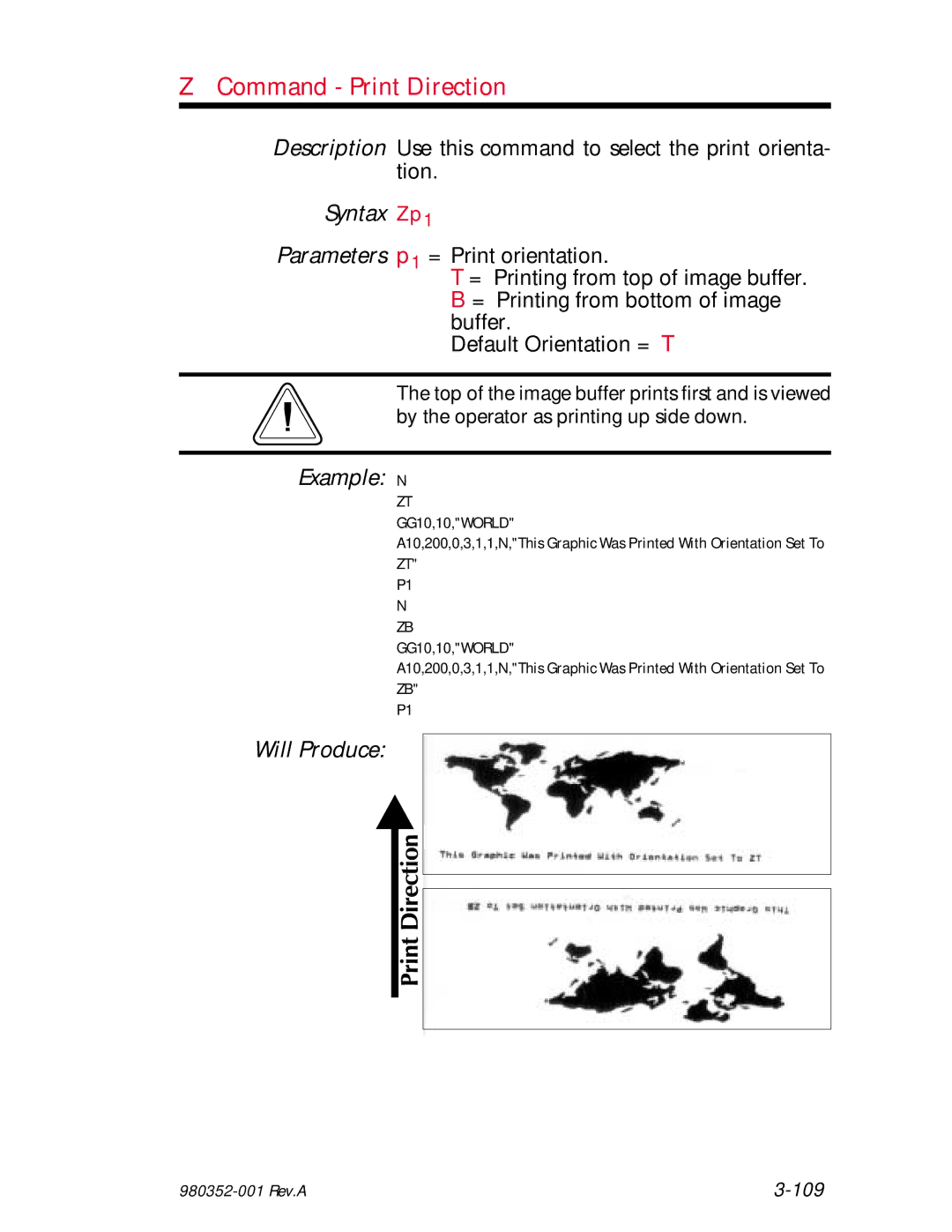 Zebra Technologies EPL2 manual Command Print Direction, Syntax Zp1 