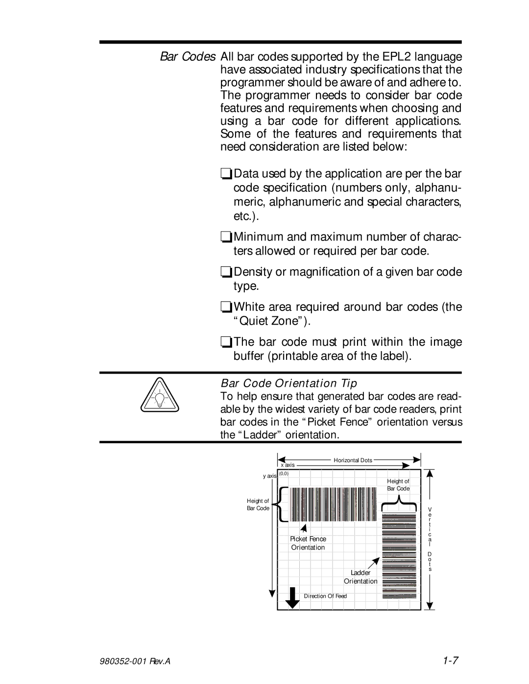 Zebra Technologies EPL2 manual Bar Code Orientation Tip 