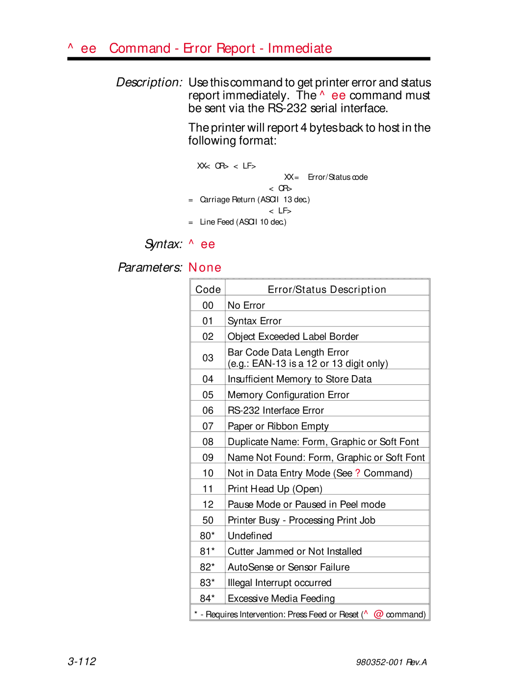 Zebra Technologies EPL2 manual Ee Command Error Report Immediate, Syntax ee Parameters None 