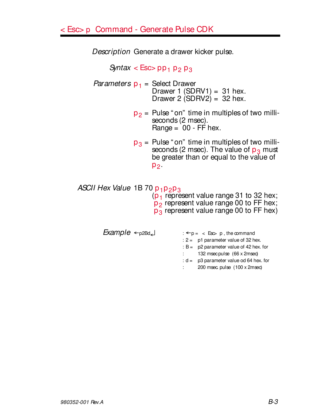 Zebra Technologies EPL2 manual Escp Command Generate Pulse CDK 