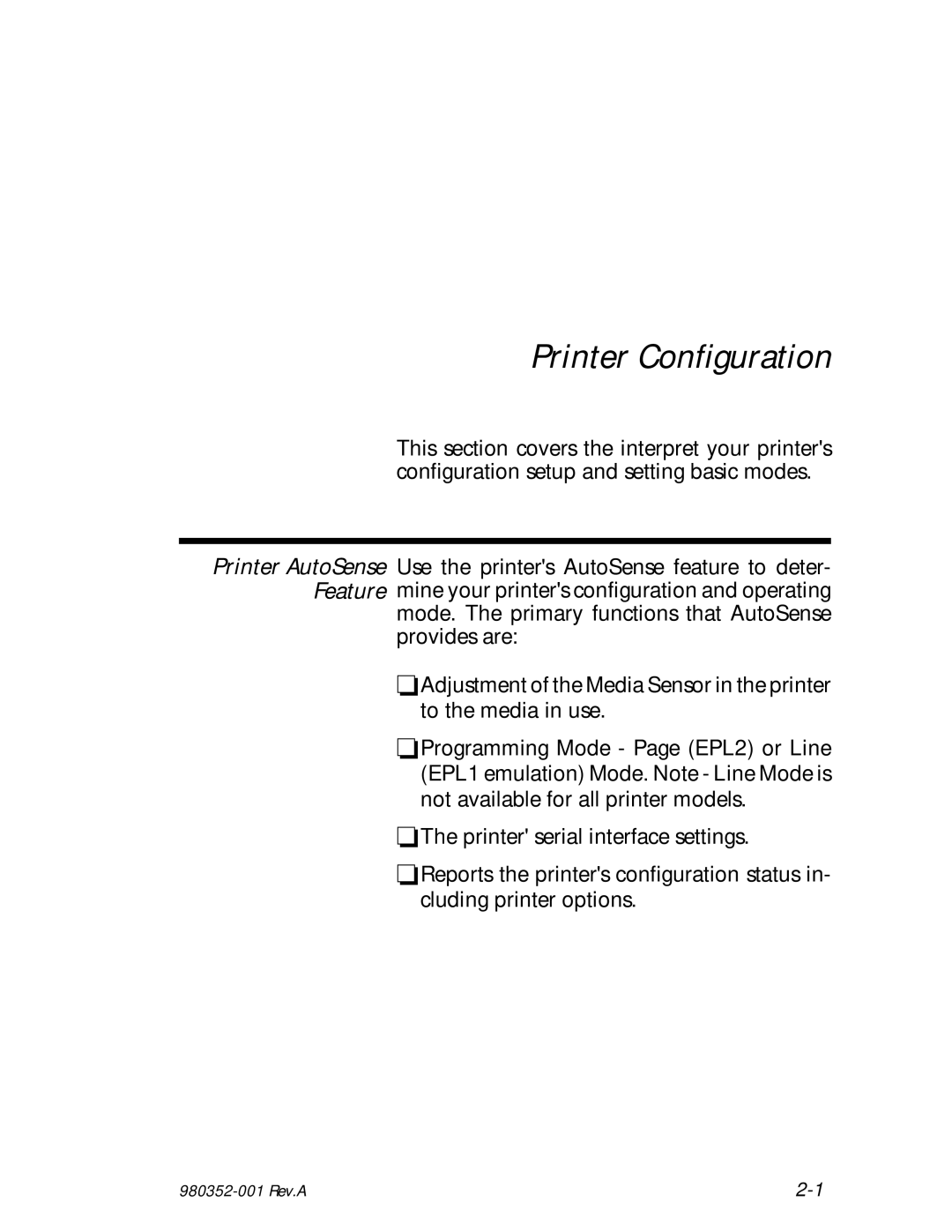 Zebra Technologies EPL2 manual Printer Configuration 