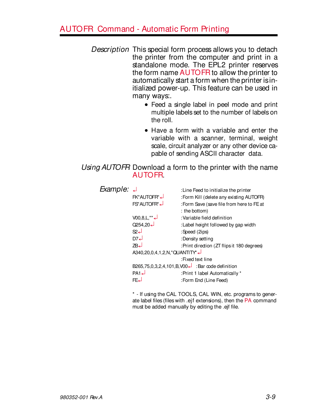 Zebra Technologies EPL2 Autofr Command Automatic Form Printing, Using Autofr Download a form to the printer with the name 