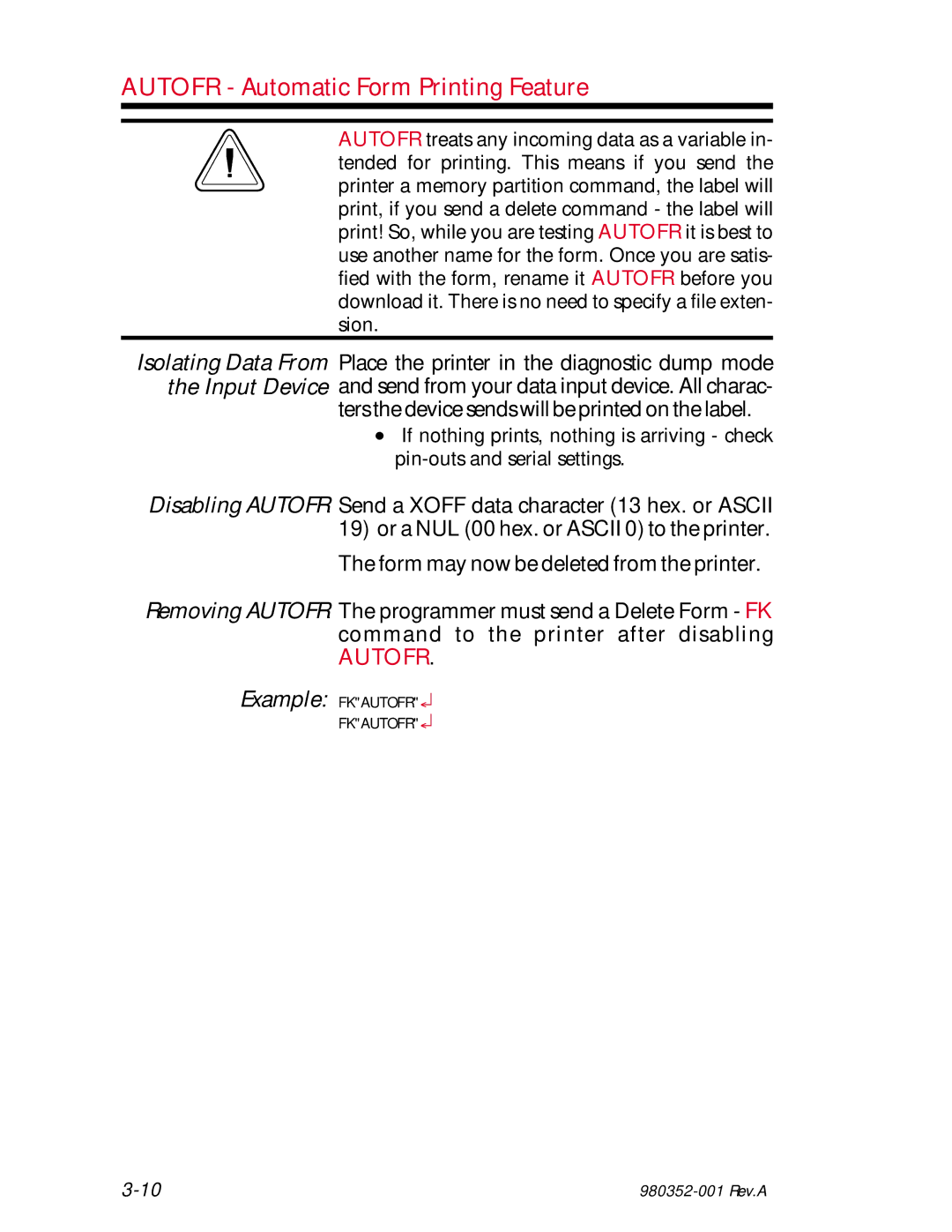 Zebra Technologies EPL2 manual Autofr Automatic Form Printing Feature, Ters the device sends will be printed on the label 