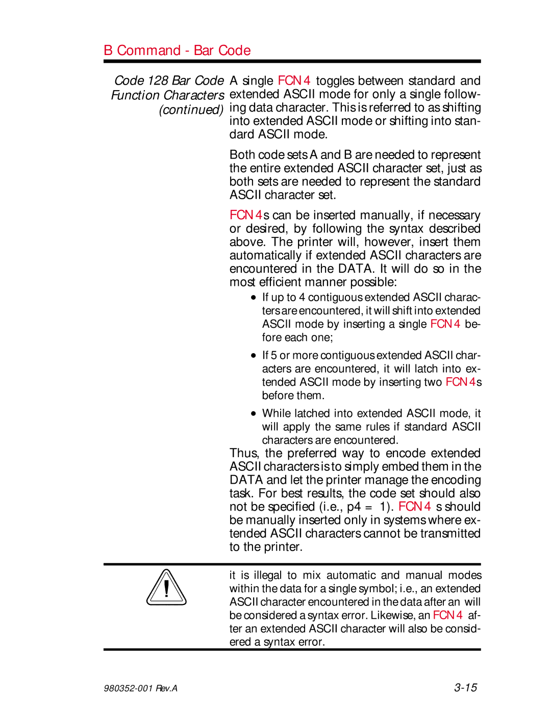 Zebra Technologies EPL2 manual Code 128 Bar Code Function Characters 