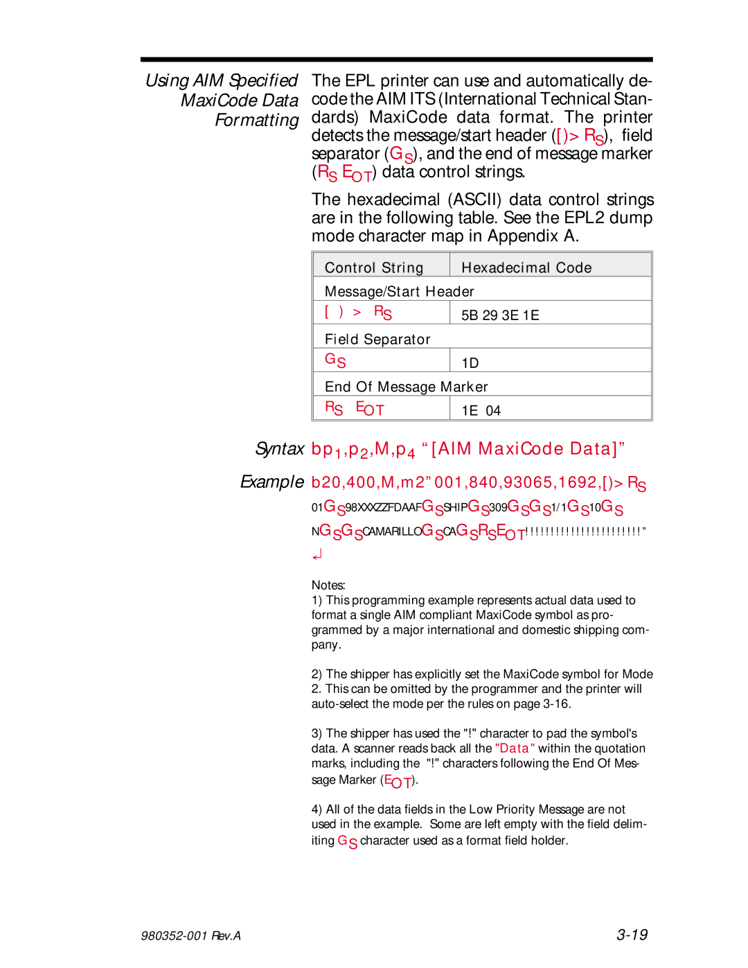 Zebra Technologies EPL2 manual MaxiCode Data Formatting, Syntax bp1,p2,M,p4 AIM MaxiCode Data 