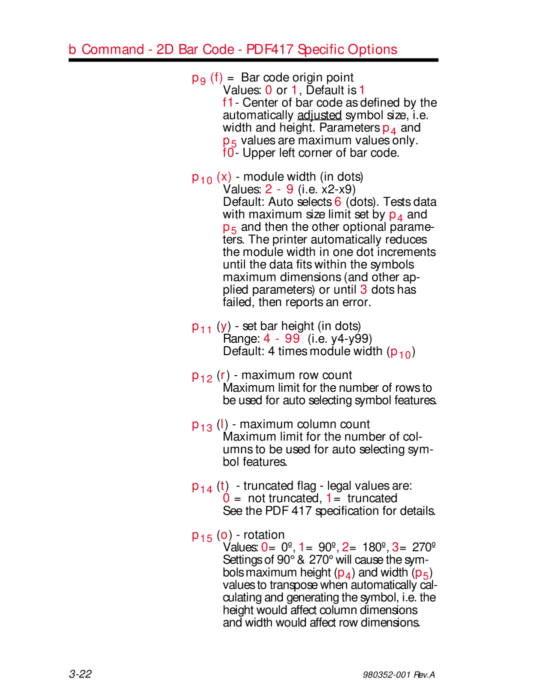 Zebra Technologies EPL2 manual P9 f = Bar code origin point Values 0 or 1, Default is 