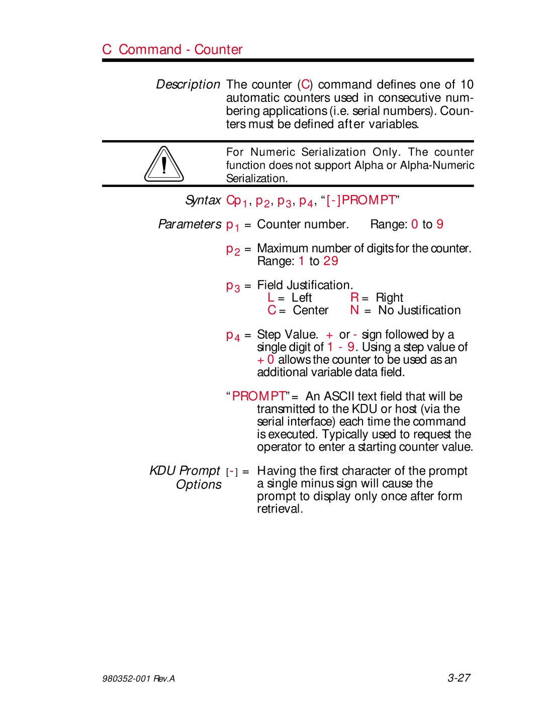 Zebra Technologies EPL2 manual Command Counter, Syntax Cp1, p2, p3, p4, -PROMPT, = Counter number Range 0 to 