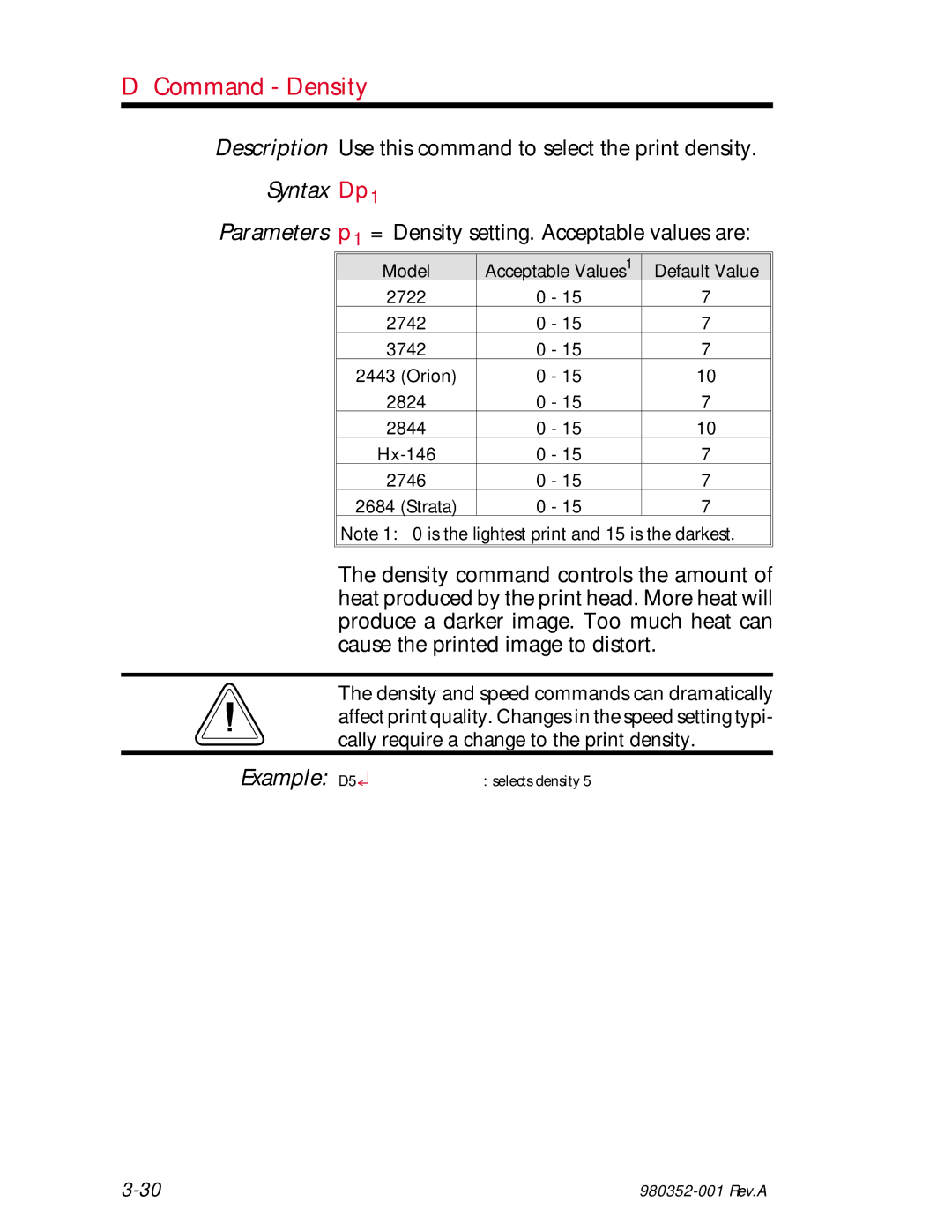 Zebra Technologies EPL2 Command Density, Description Use this command to select the print density, Syntax Dp1, Example D5 