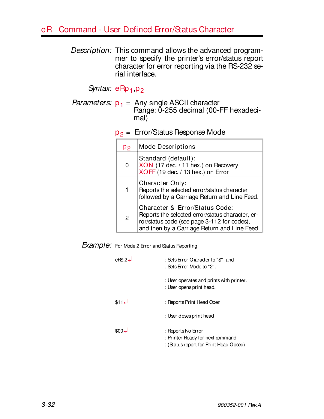 Zebra Technologies EPL2 manual ER Command User Defined Error/Status Character, Syntax eRp1,p2 