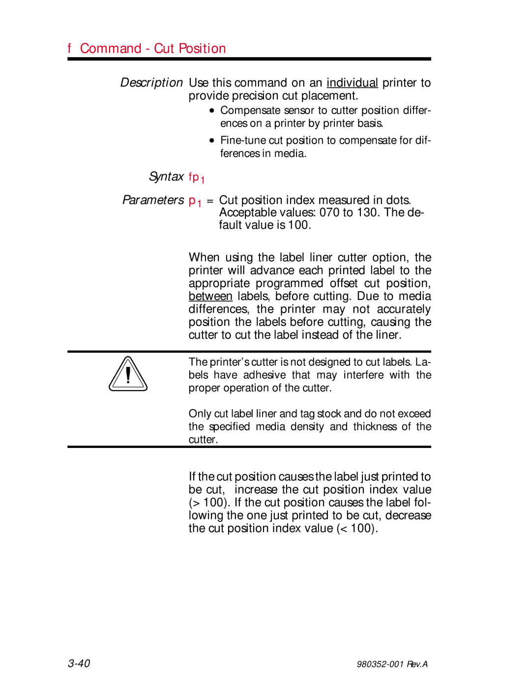 Zebra Technologies EPL2 manual Command Cut Position, Syntax fp1 