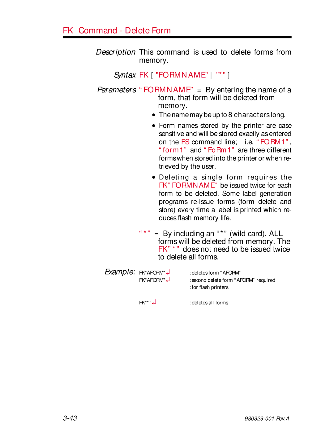 Zebra Technologies EPL2 manual FK Command Delete Form, Syntax FK Formname 