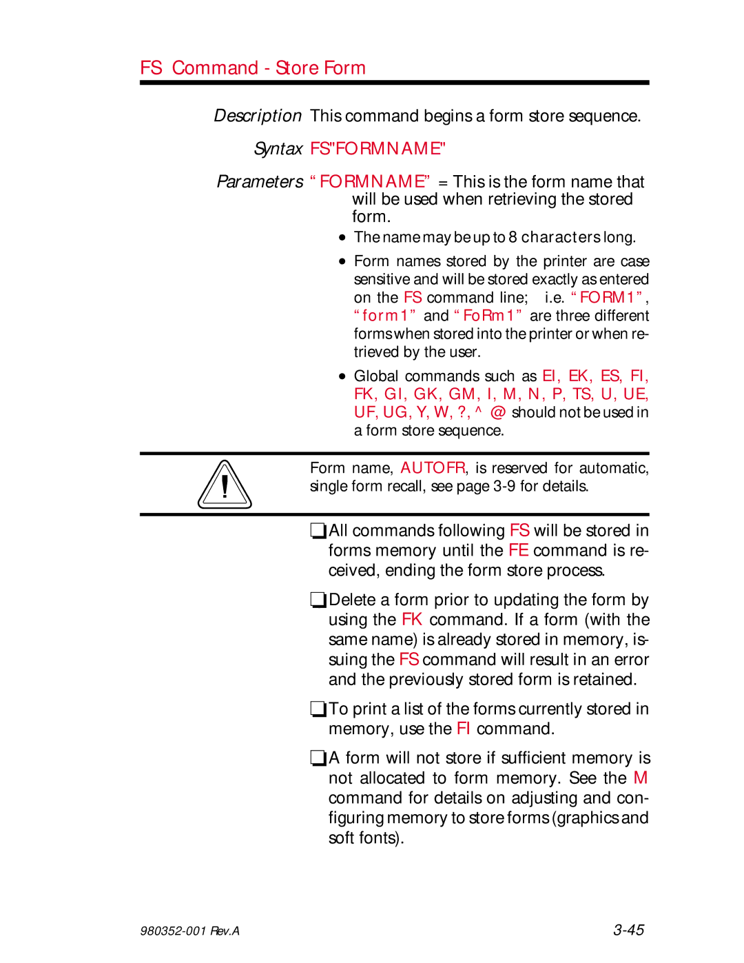 Zebra Technologies EPL2 FS Command Store Form, Description This command begins a form store sequence, Syntax Fsformname 