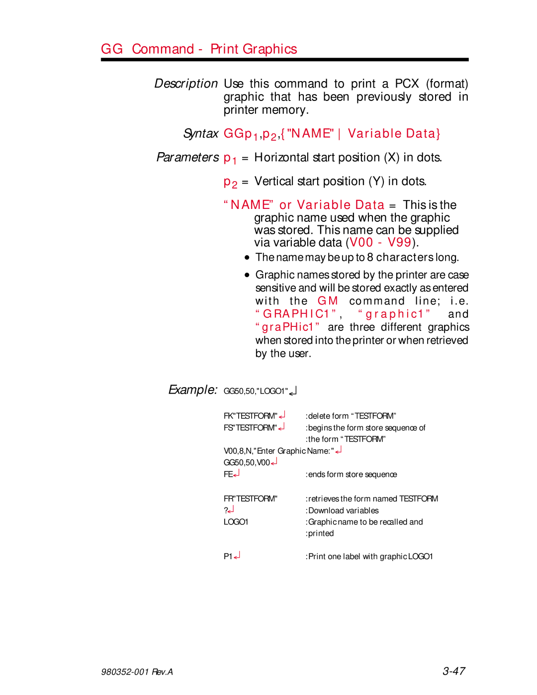 Zebra Technologies EPL2 manual GG Command Print Graphics, P2 = Vertical start position Y in dots 