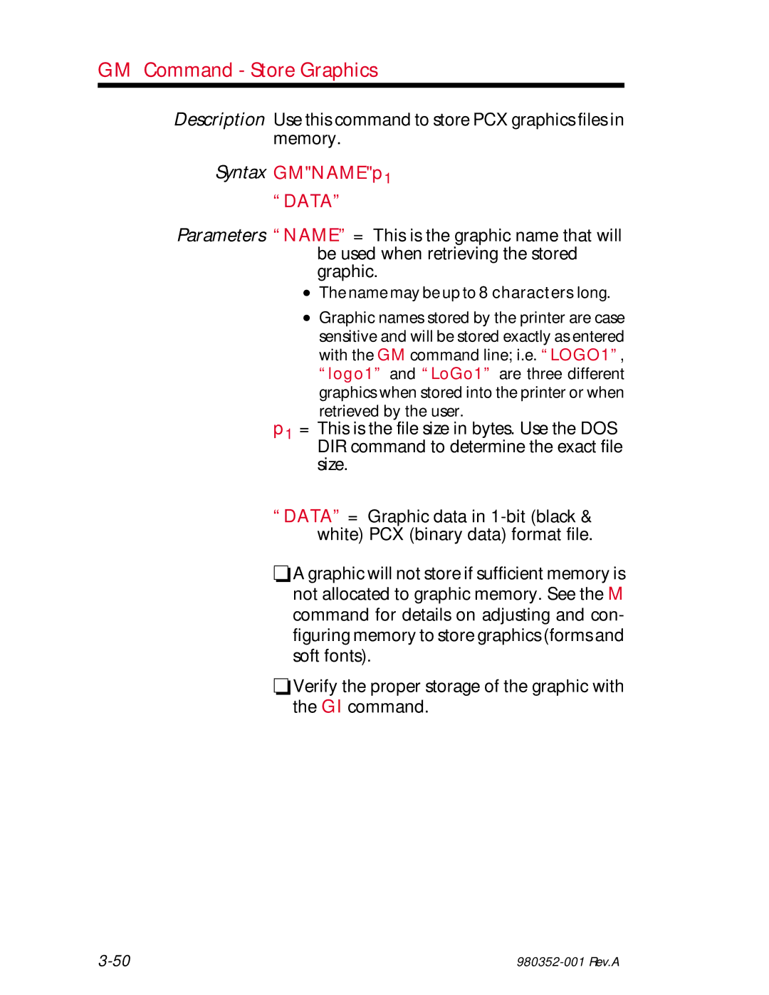 Zebra Technologies EPL2 manual GM Command Store Graphics, Syntax GMNAMEp1 