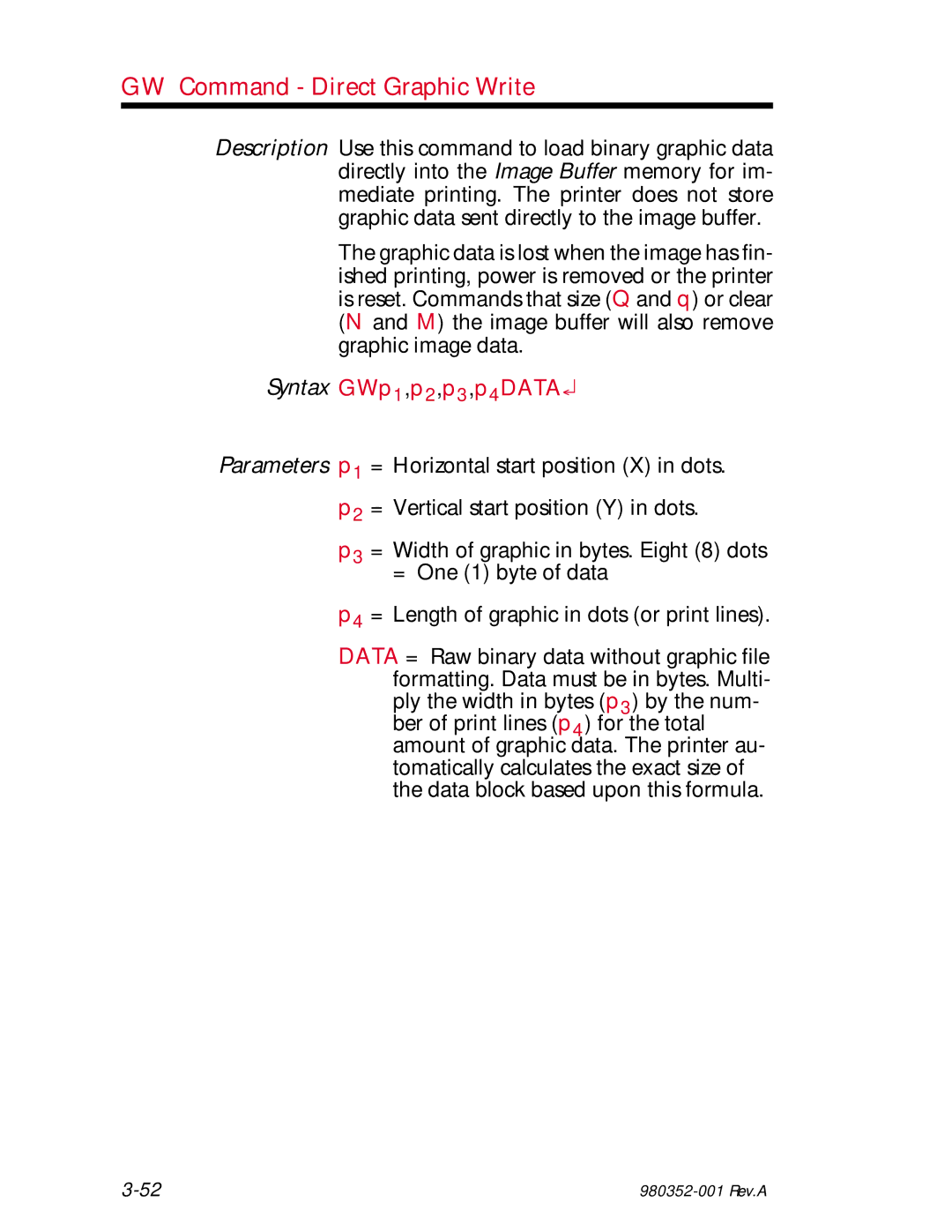 Zebra Technologies EPL2 manual GW Command Direct Graphic Write, Syntax GWp1,p2,p3,p4DATA 