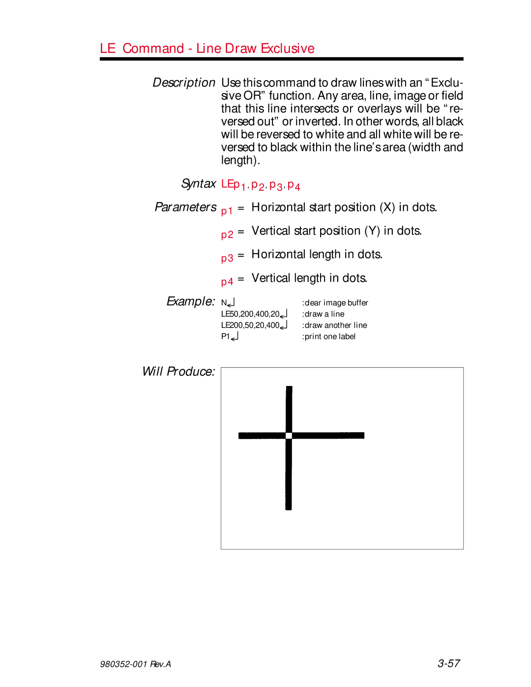 Zebra Technologies EPL2 manual LE Command Line Draw Exclusive, Syntax LEp1, p2, p3, p4 