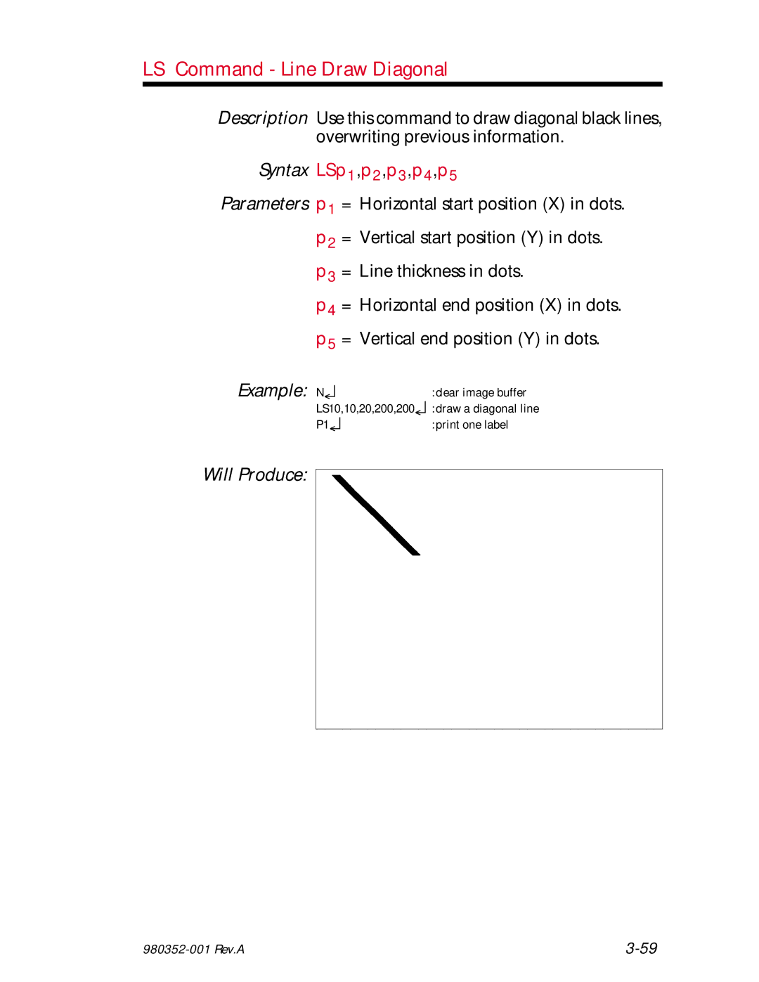 Zebra Technologies EPL2 manual LS Command Line Draw Diagonal, LSp 1 ,p 2 ,p 3 ,p 4 ,p 