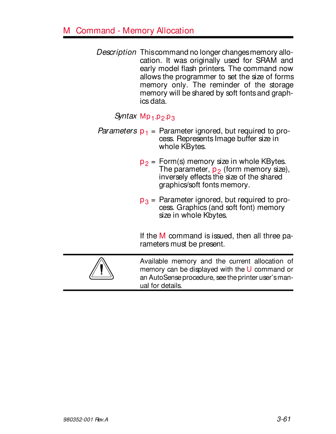 Zebra Technologies EPL2 manual Command Memory Allocation, Syntax Mp1,p2,p3 