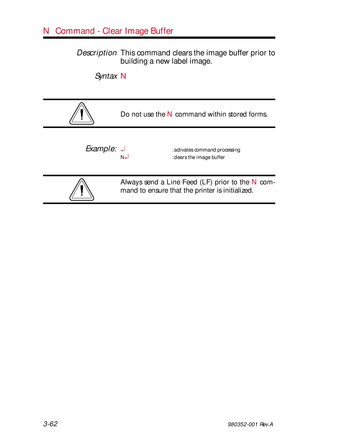 Zebra Technologies EPL2 manual Command Clear Image Buffer, Syntax N 