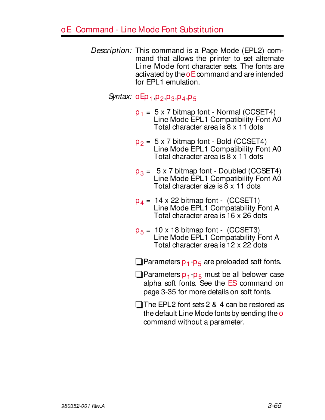 Zebra Technologies EPL2 manual OE Command Line Mode Font Substitution, Syntax oEp1,p2,p3,p4,p5 