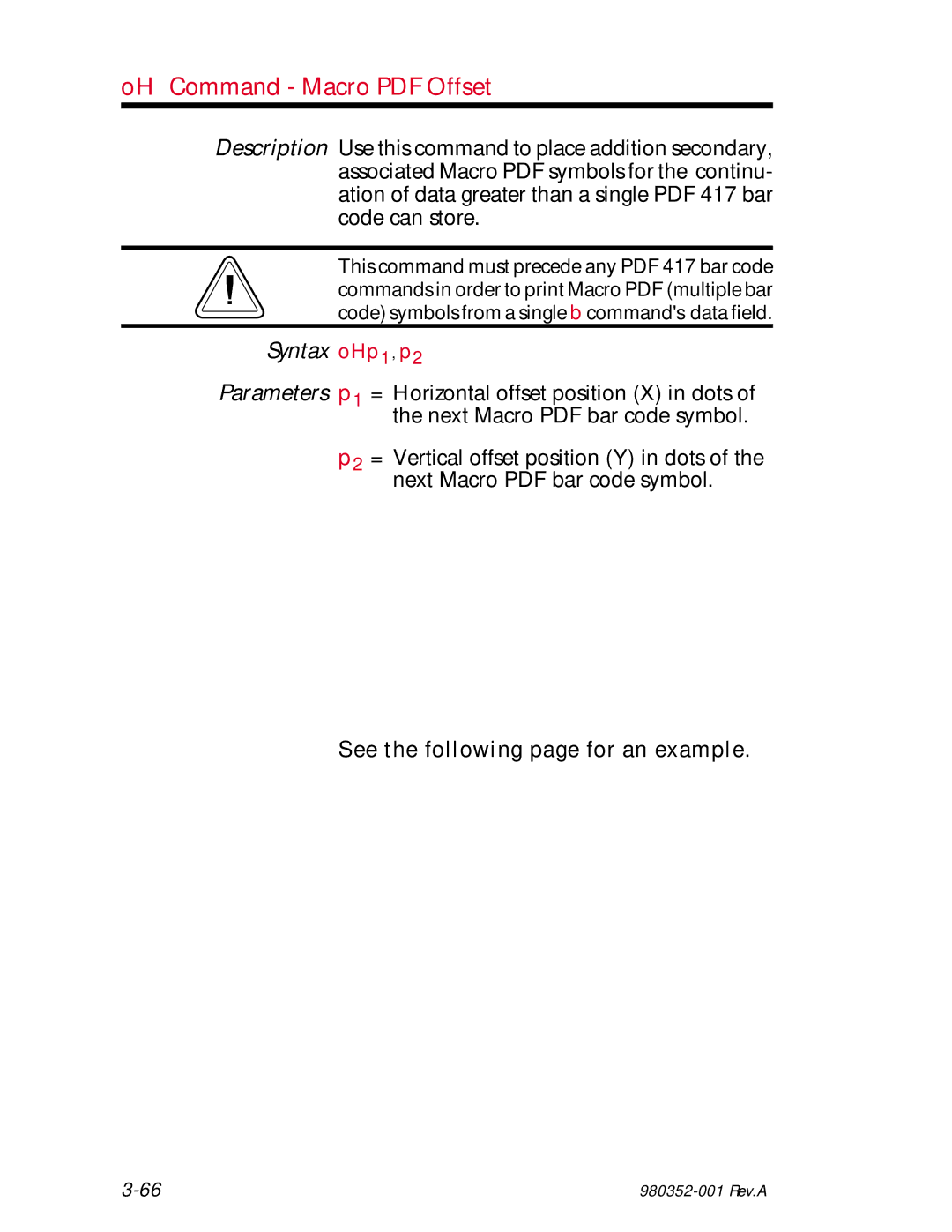 Zebra Technologies EPL2 manual Syntax oHp1, p2 