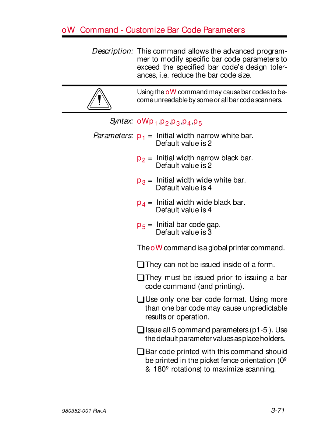 Zebra Technologies EPL2 manual OW Command Customize Bar Code Parameters, Syntax oWp1,p2,p3,p4,p5 