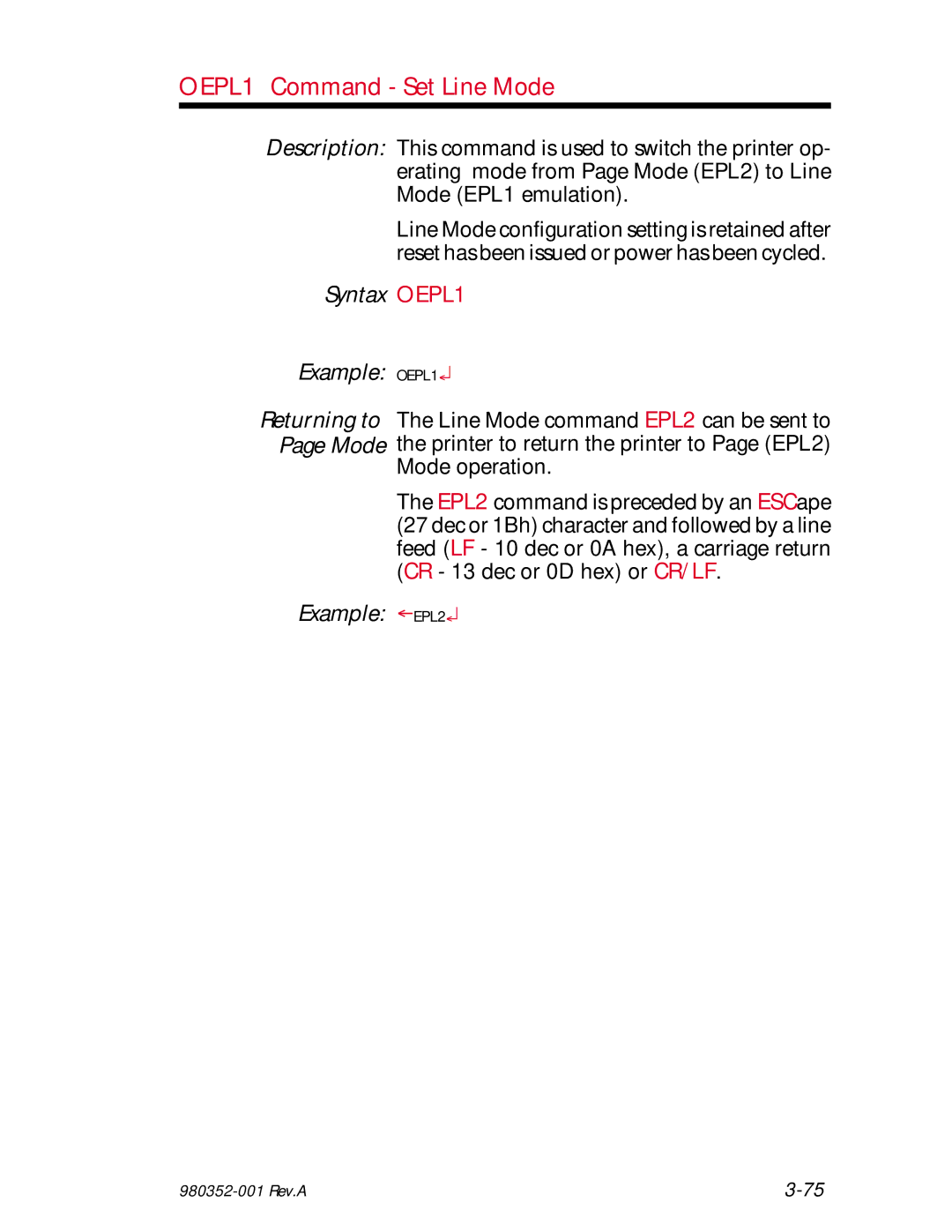 Zebra Technologies manual OEPL1 Command Set Line Mode, Syntax OEPL1 Example OEPL1, Mode operation, Example EPL2 