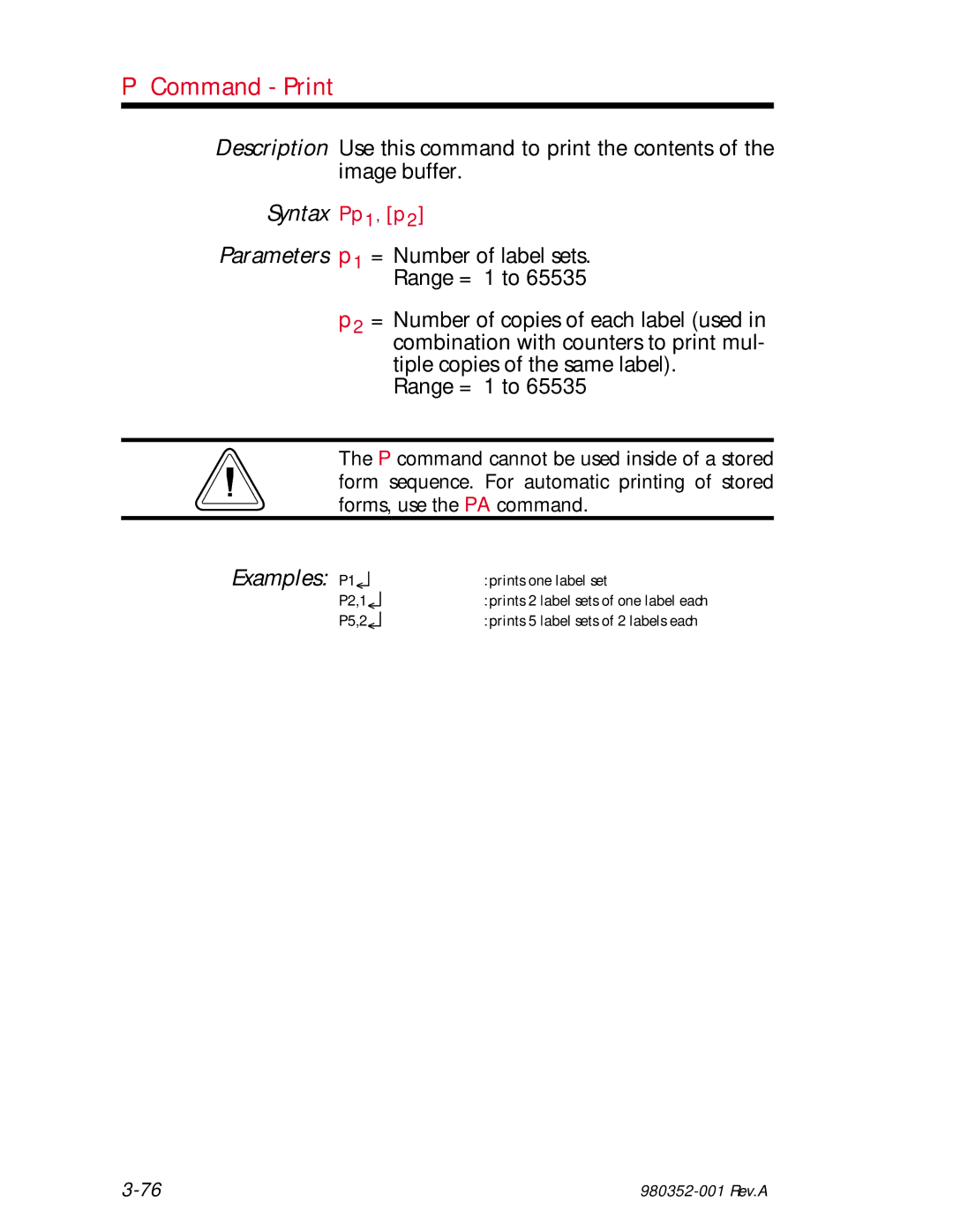 Zebra Technologies EPL2 manual Command Print, Syntax Pp1, p2, Examples P1 