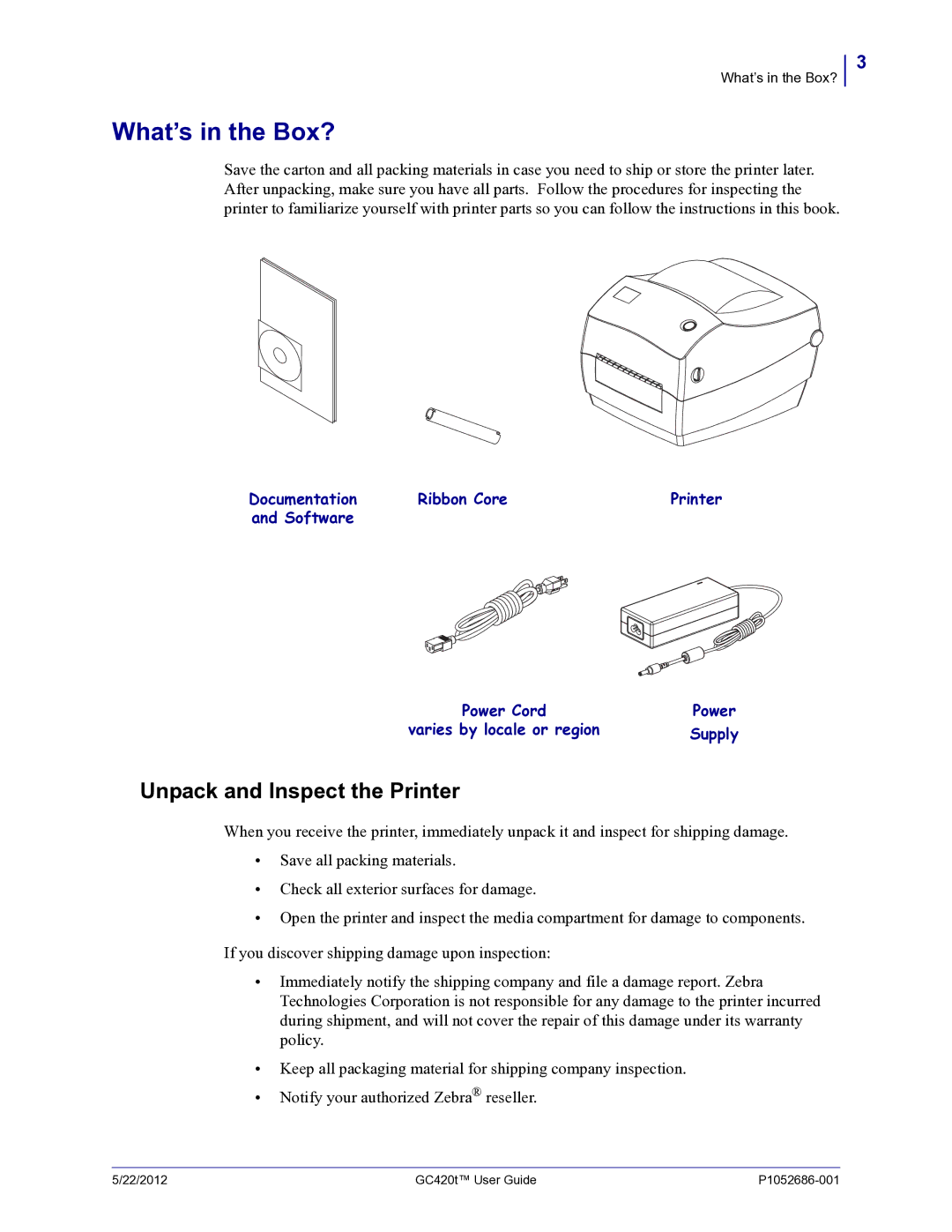 Zebra Technologies GC420t manual What’s in the Box?, Unpack and Inspect the Printer 