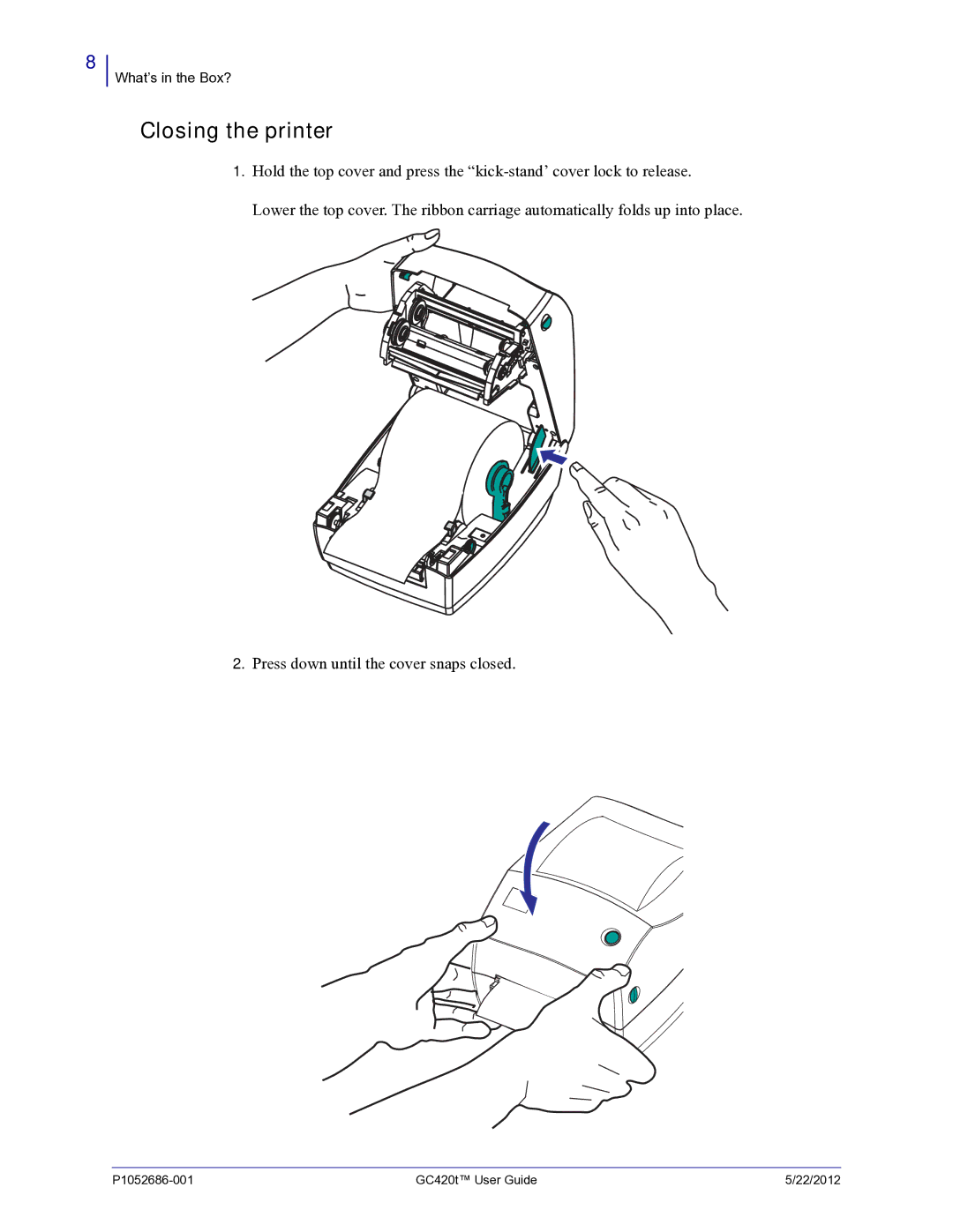 Zebra Technologies GC420t manual Closing the printer 